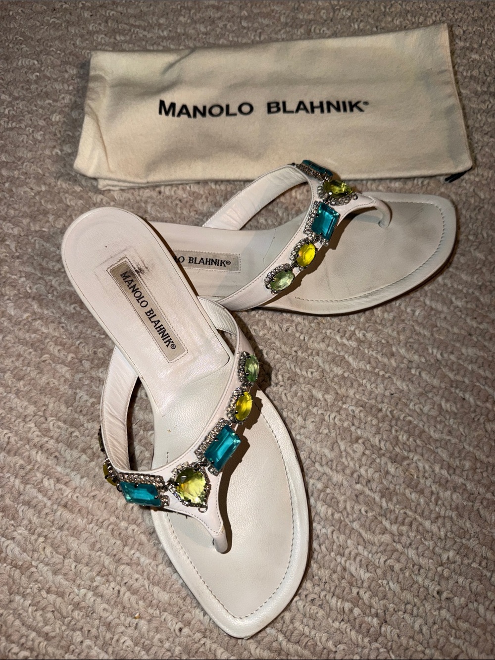 Manolo Blahnik White Flat Jewel Encrusted Sandals